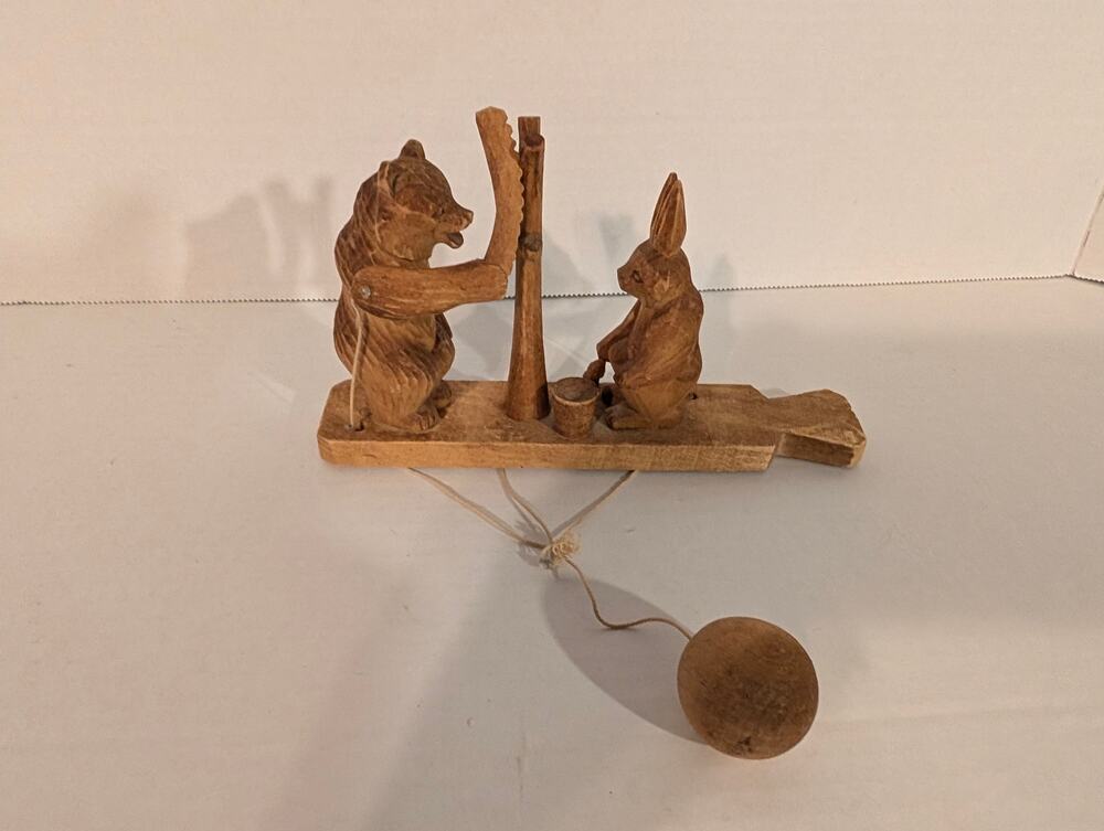 Vintage Russian Folk Art Hand Carved Wood Mechanical Toy Bear Rabbit